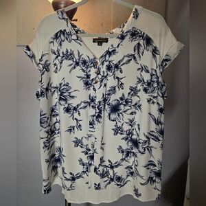 Elegant Blue and White Floral Cap Sleeve Blouse